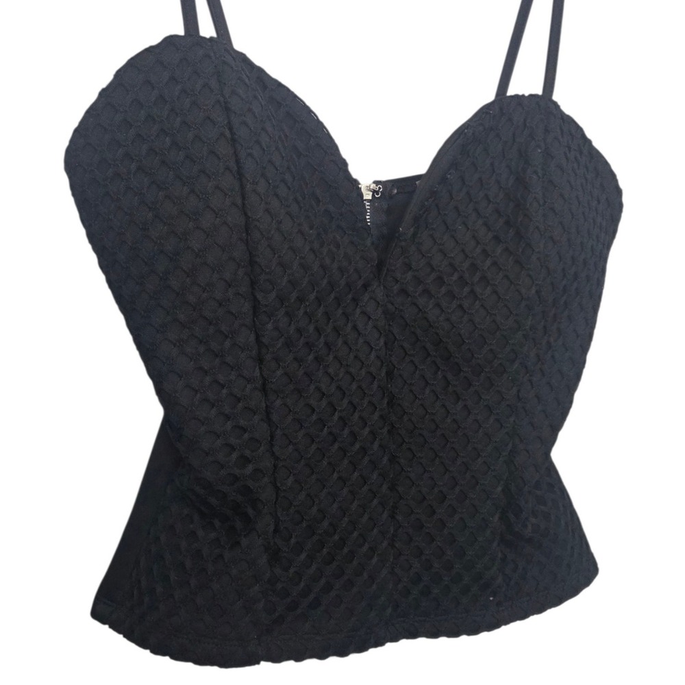 Vintage Gracie Sweetheart Corset‎ Top Bustier Black Waffle Knit Full Zip Size M